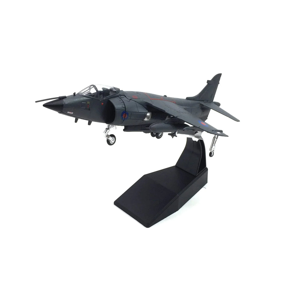 NUOTIE Model British Harrier diecast model in gray with stand, angled front view