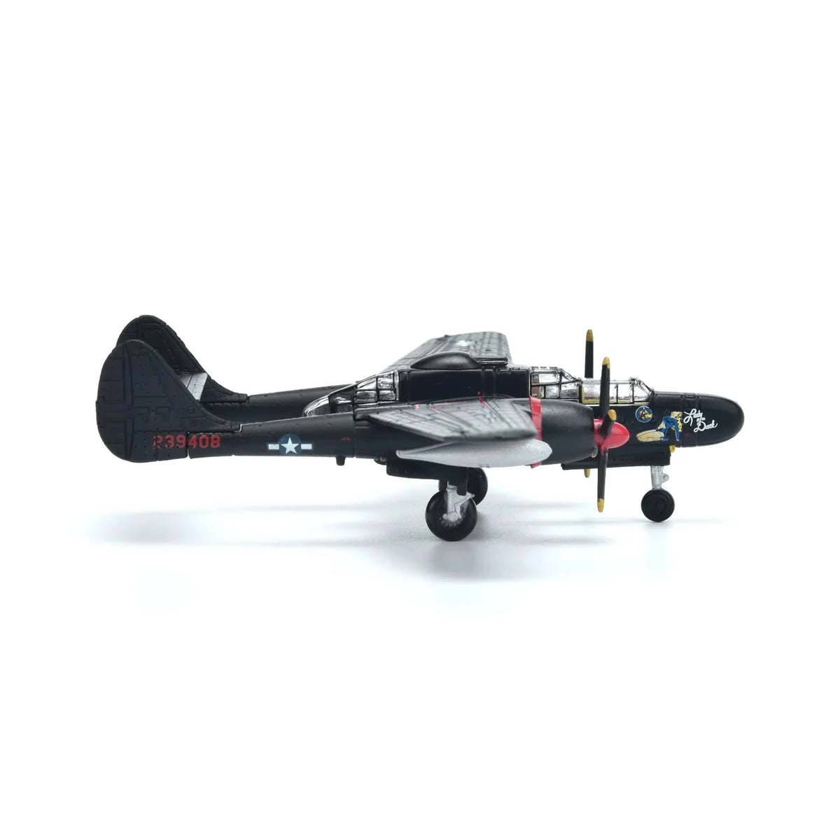 NUOTIE Model 1/144 scale Northrop P-61B Black Widow black aircraft side view