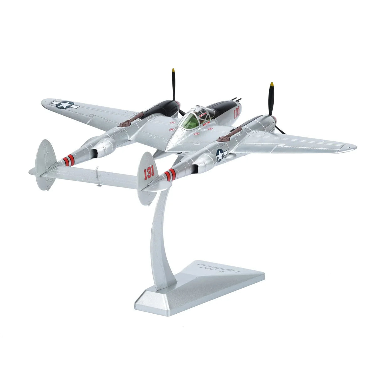 NUOTIE P-38J Lightning diecast model with stand, front view, WWII US heavy fighter aircraft.