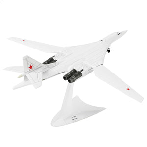NUOTIE Tu-160 heavy strategic bomber model in white with black and red details, displayed on stand, rear view