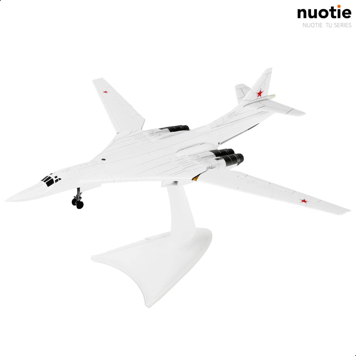 NUOTIE Diecast Tu-160 bomber model in white, side view on display stand