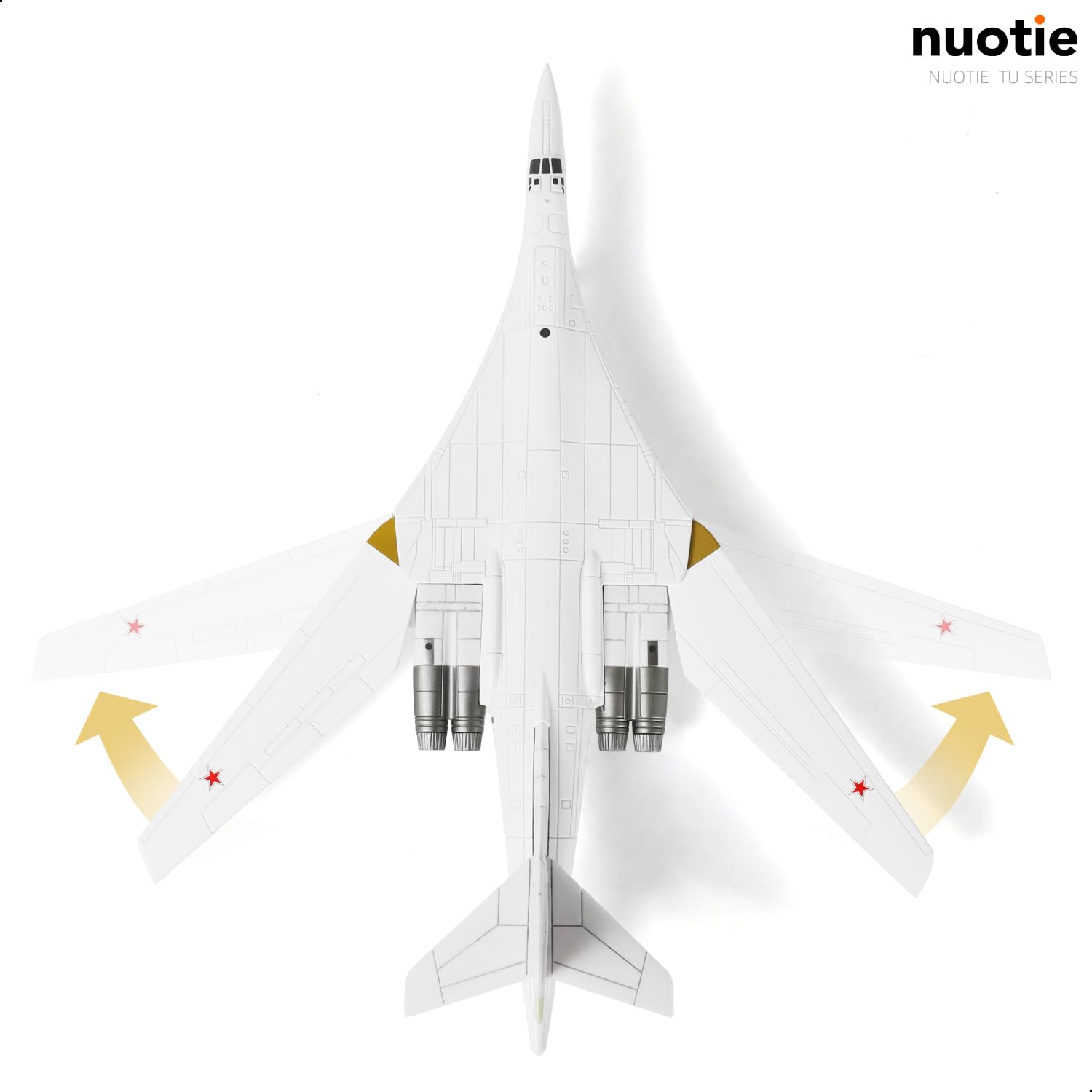 NUOTIE Diecast Tu-160 bomber model in white, top view with wings extended