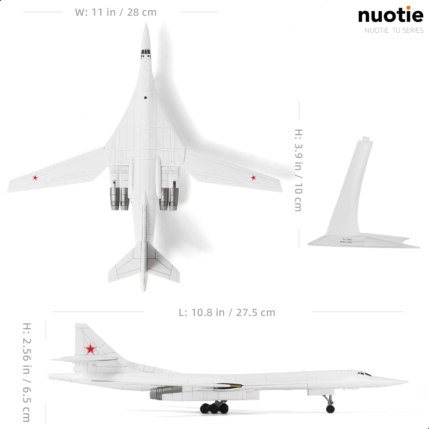 NUOTIE Diecast Tu-160 bomber model in white, dimensions shown from multiple angles