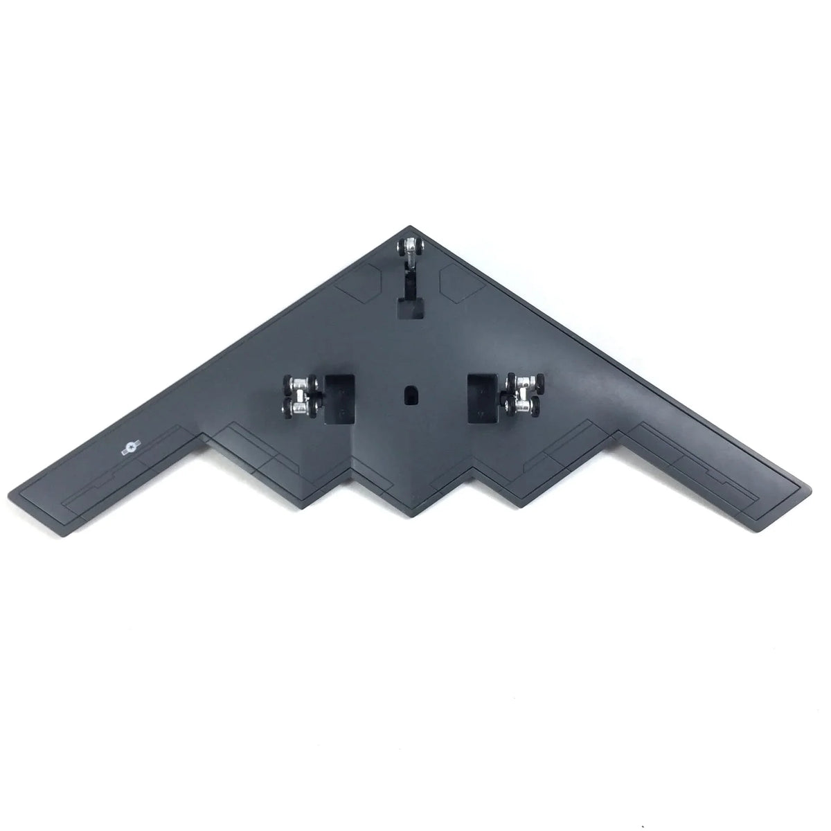 NUOTIE Northrop B-2 Spirit diecast model stand, gray underside view with mounting details
