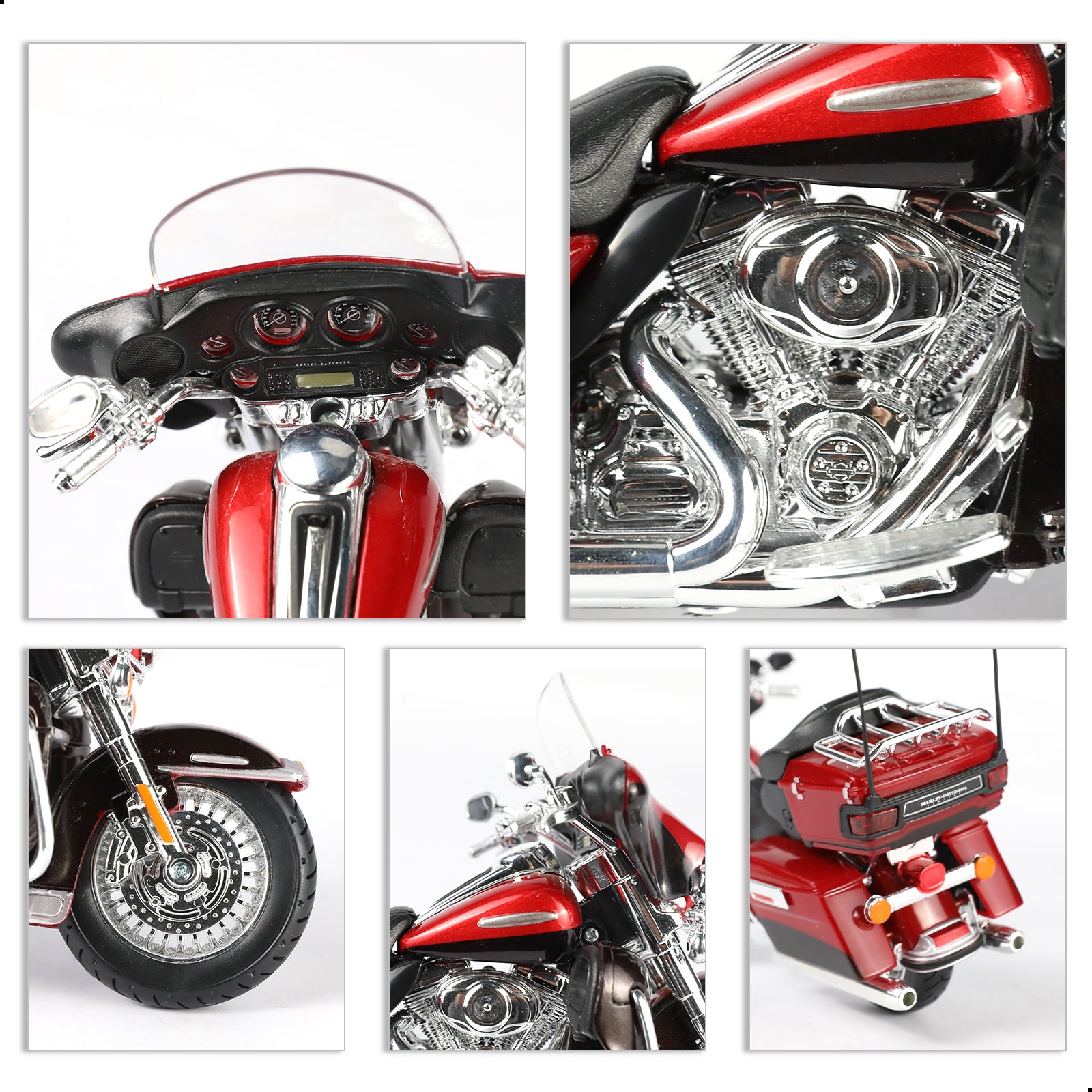 Maisto Electra Glide Ultra Limited motorcycle toy in red with detailed engine, front view