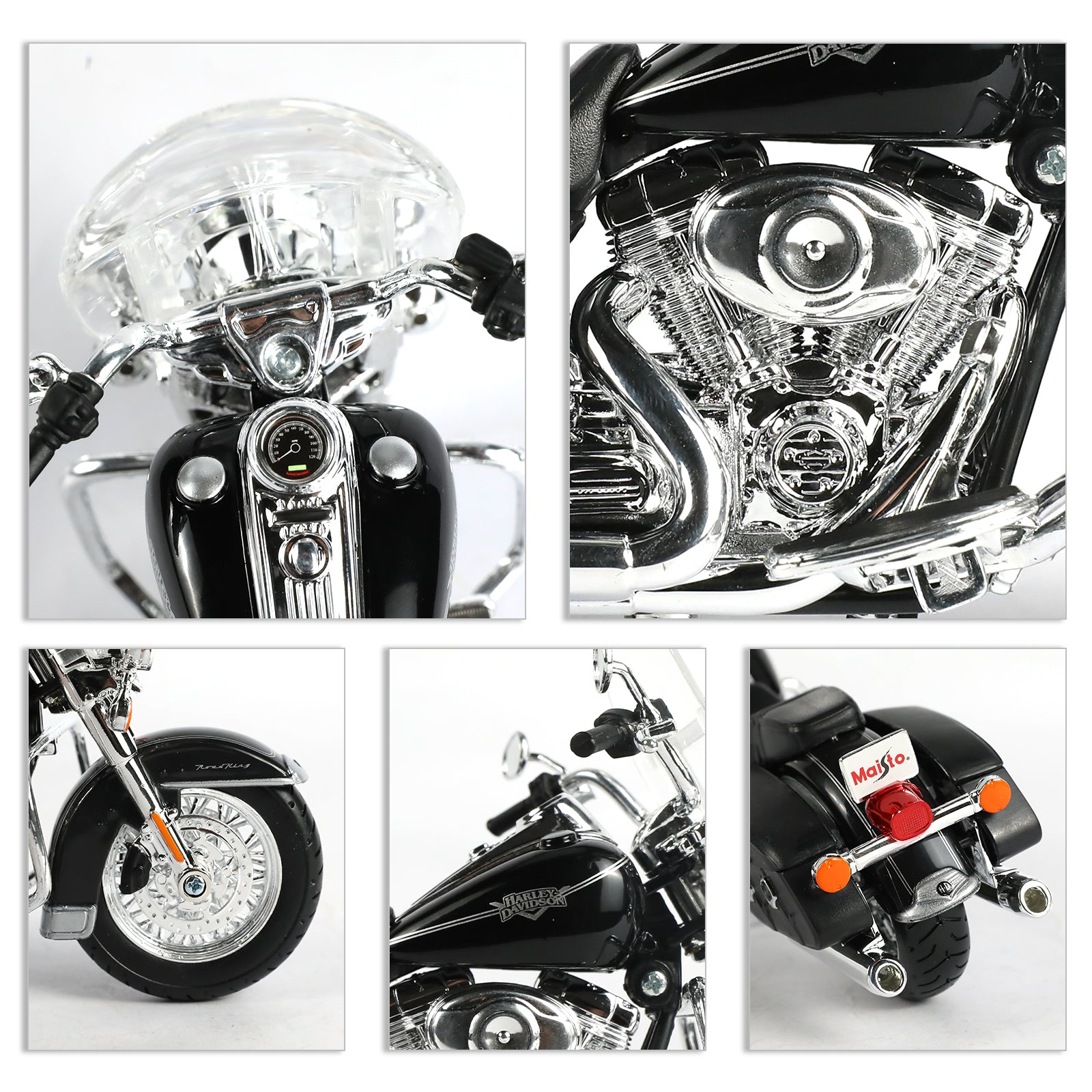Maisto 2013 Flhrc Road King Classic motorcycle toy in black, close-up details of engine and front