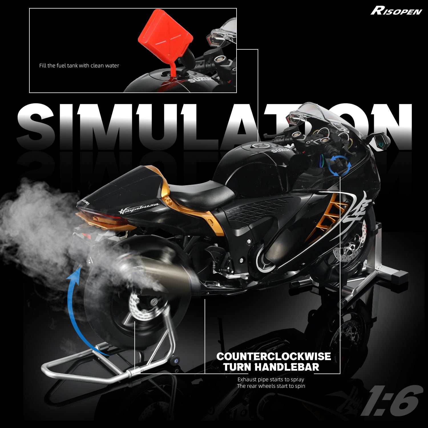 RISOPEN 1:6 Suzuki Hayabusa motorcycle model in black with simulation features and fuel tank