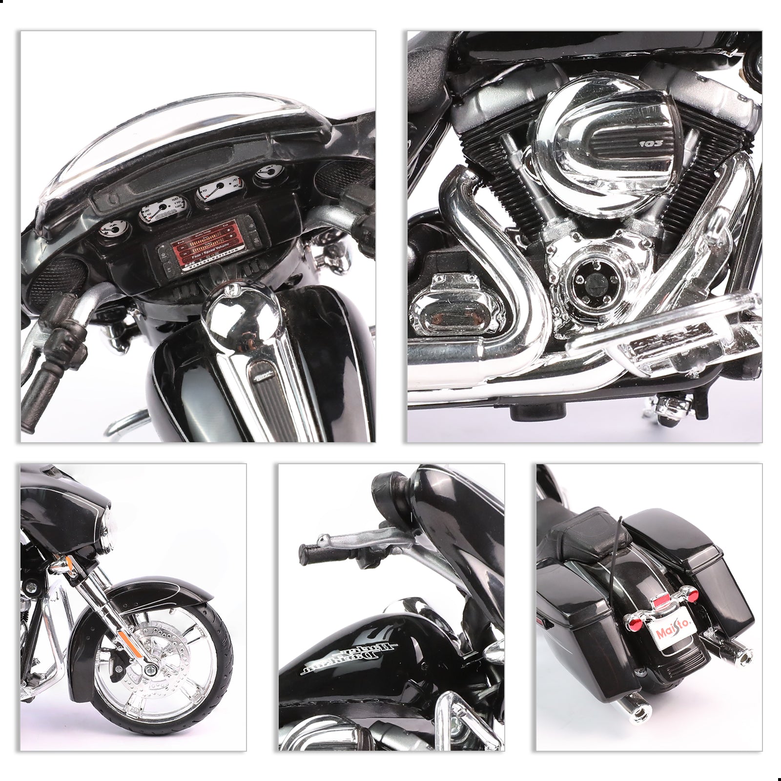 Maisto 2015 Street Glide Special motorcycle toy with detailed dashboard and engine, close-up view