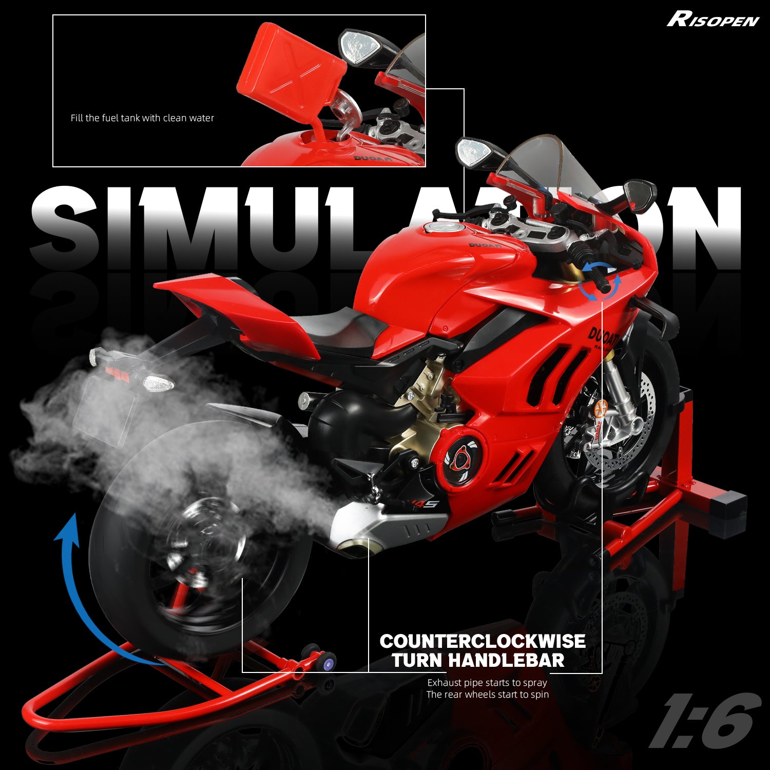 Ducati Panigale V4 SP2 motorcycle model showing rear view with smoke effect and detailed parts.