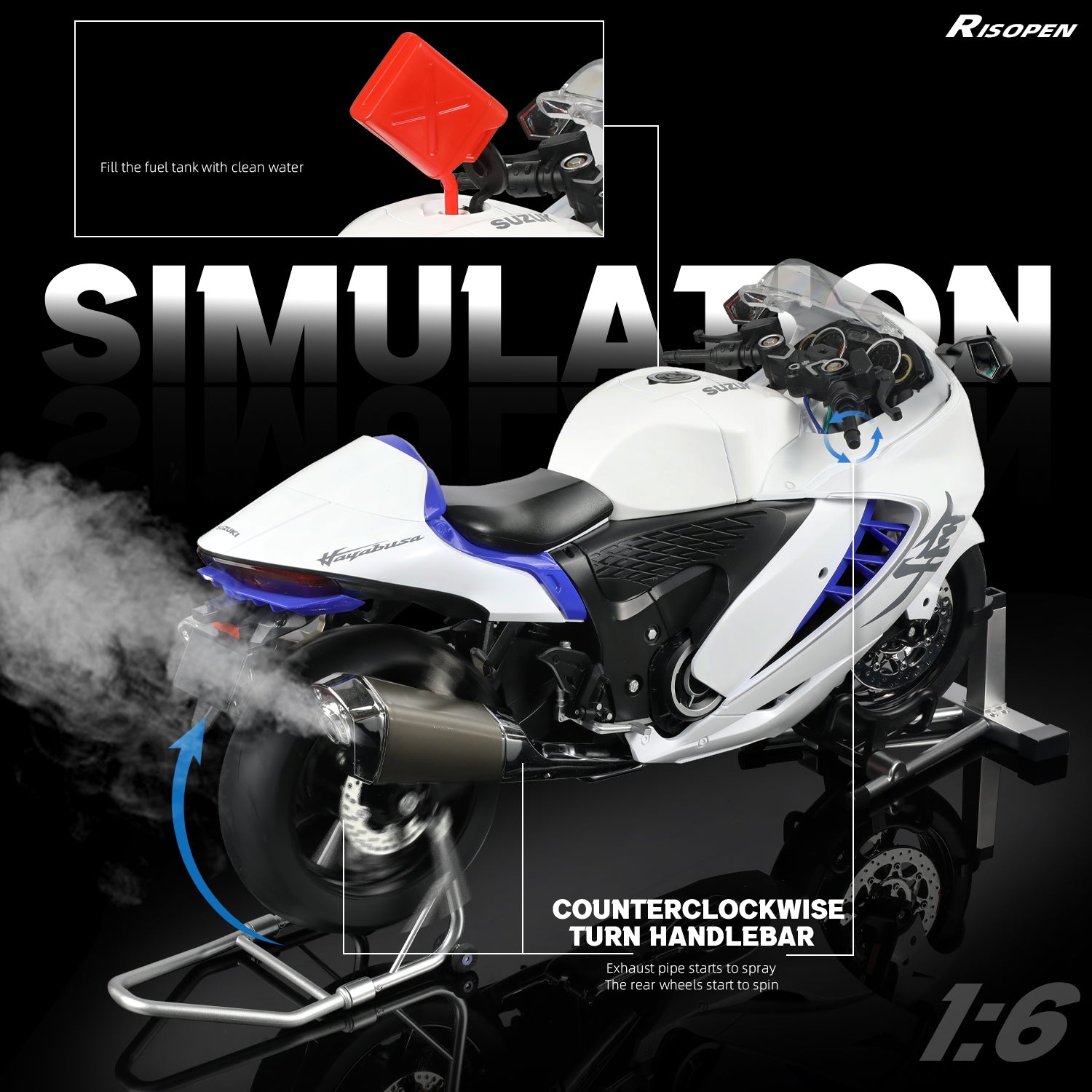 Rear view of the Suzuki Hayabusa motorcycle model, showcasing features like a fuel tank and exhaust.