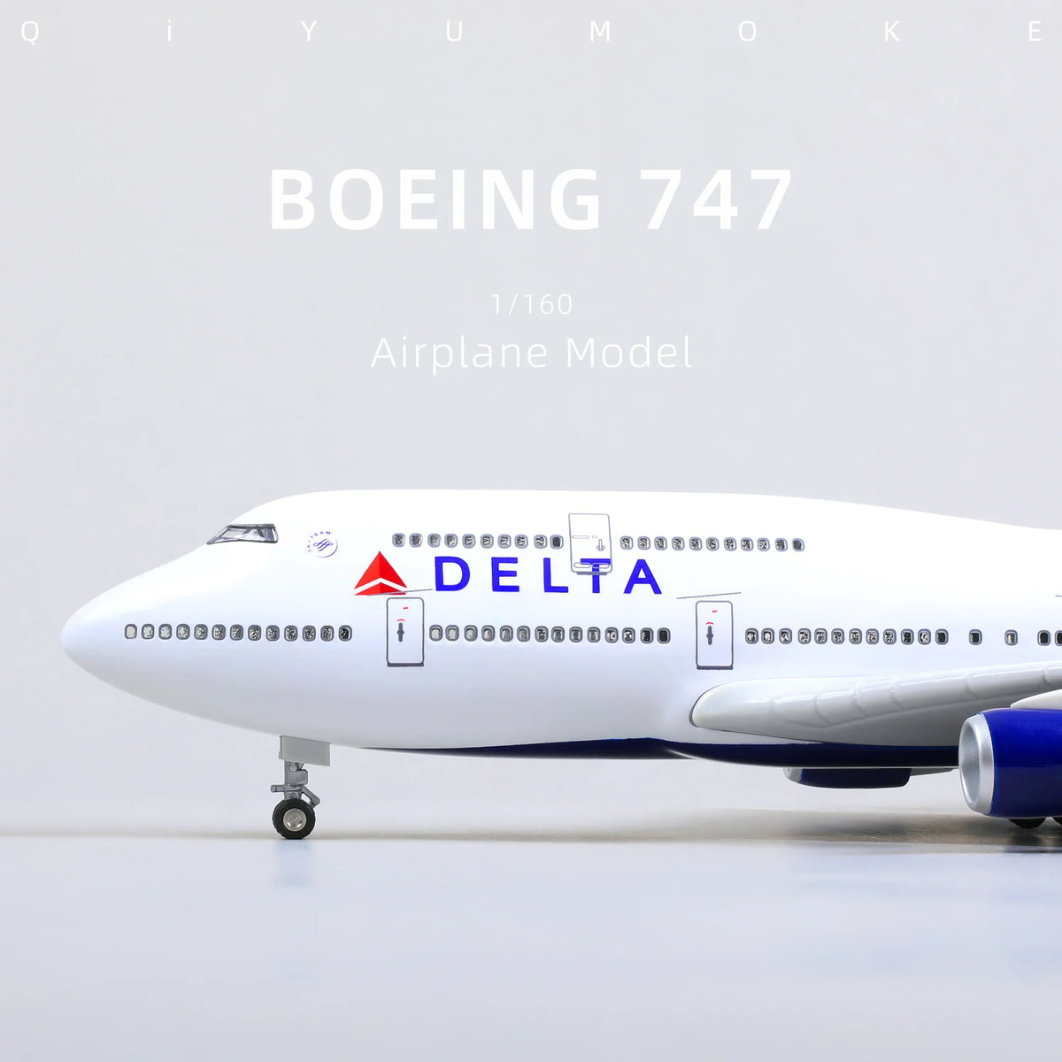 QIYUMOKE Boeing 747 diecast airplane model in front view with Delta logo
