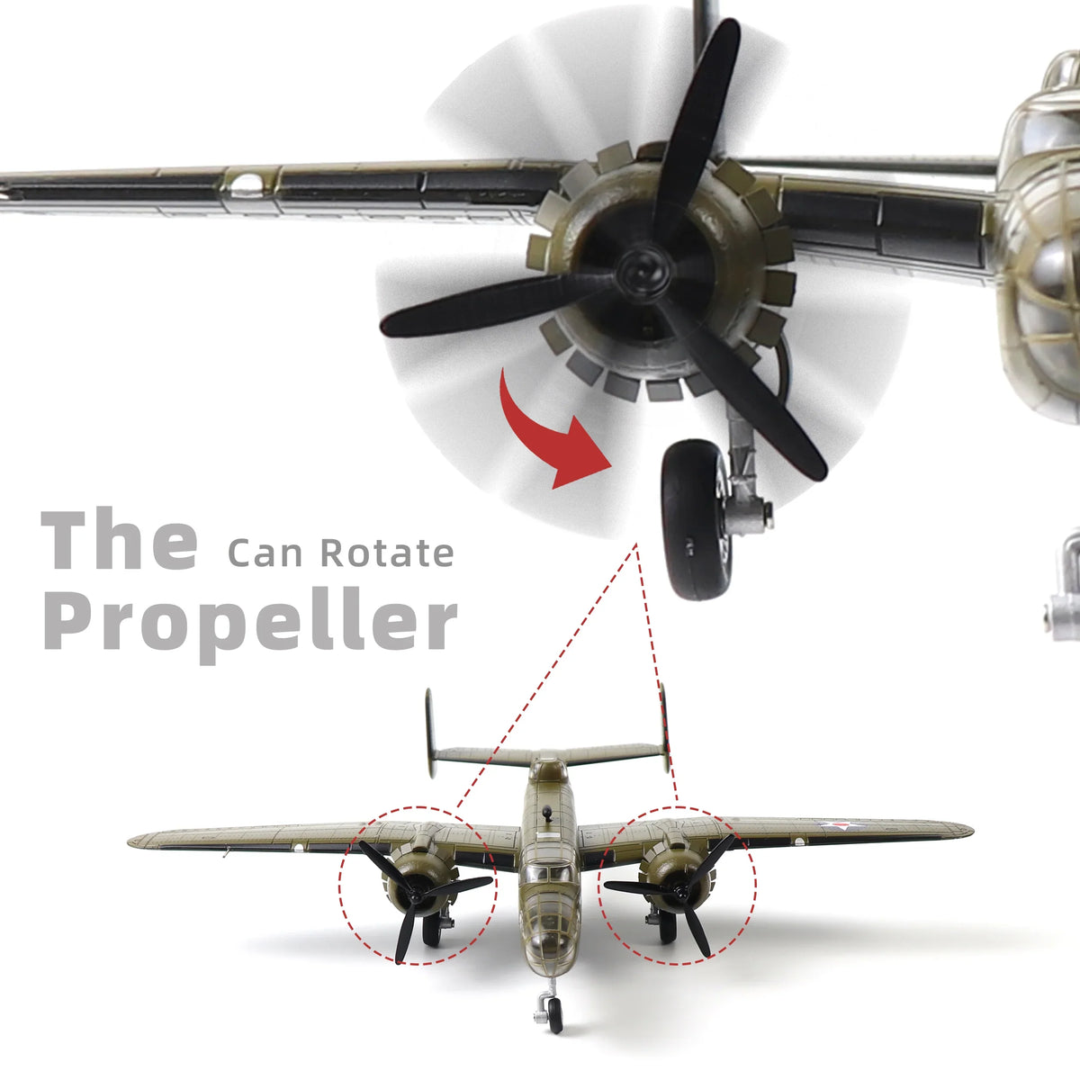 NUOTIE Model B-25B Mitchell diecast aircraft showing rotating propeller detail
