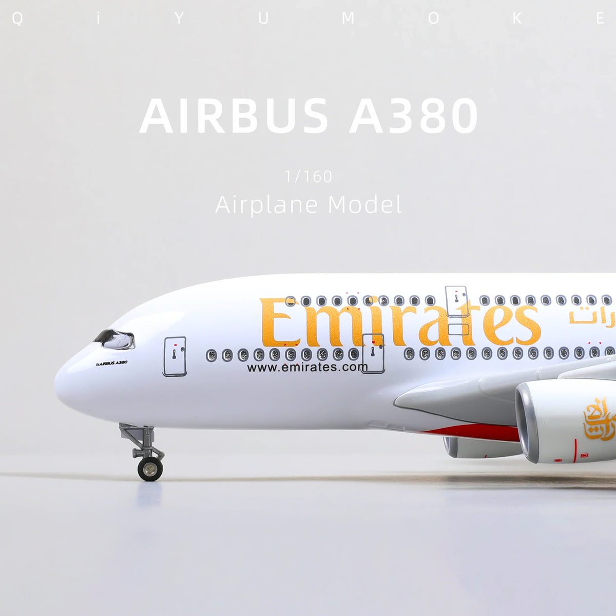 QIYUMOKE Airbus A380 airplane model featuring Emirates logo, front view