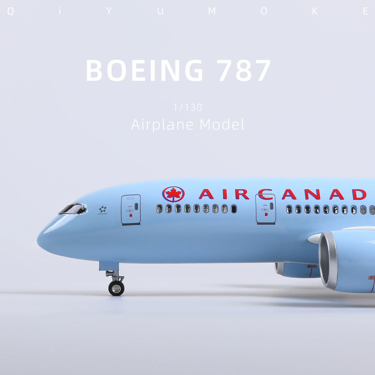 QIYUMOKE Boeing 787-8 Air Canada airplane model, front view showcasing cockpit and engine