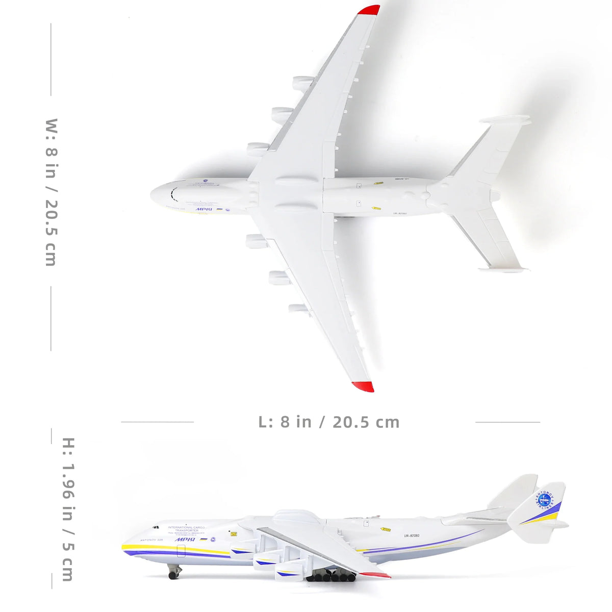 QIYUMOKE Antonov AN-225 Mriya diecast model, top view showing wings and tail