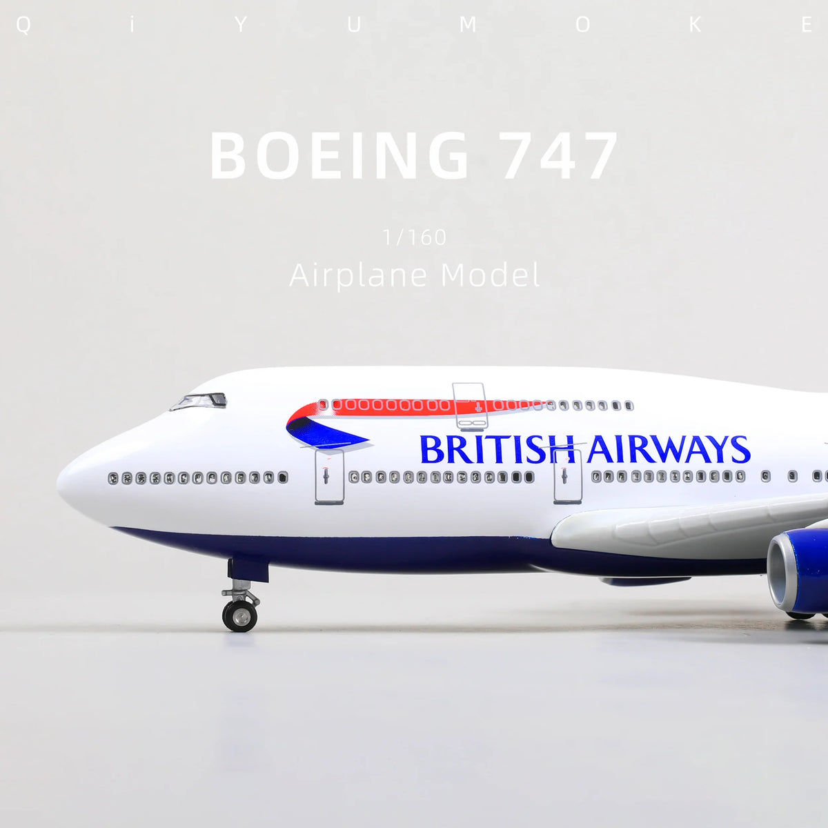 QIYUMOKE Boeing 747 airplane model with British Airways logo, front view