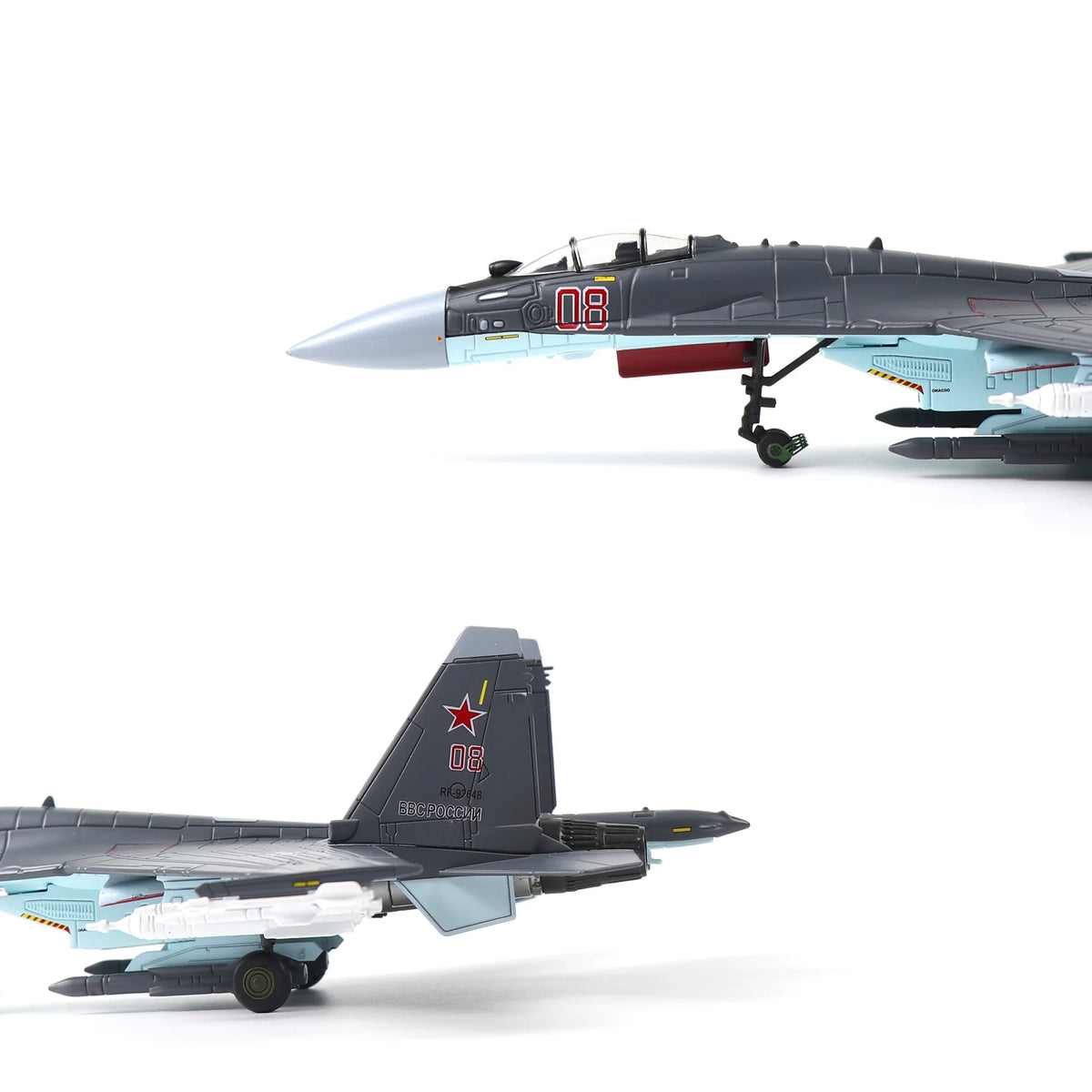 NUOTIE Model Sukhoi SU-35 gray and blue diecast metal aircraft front and rear view
