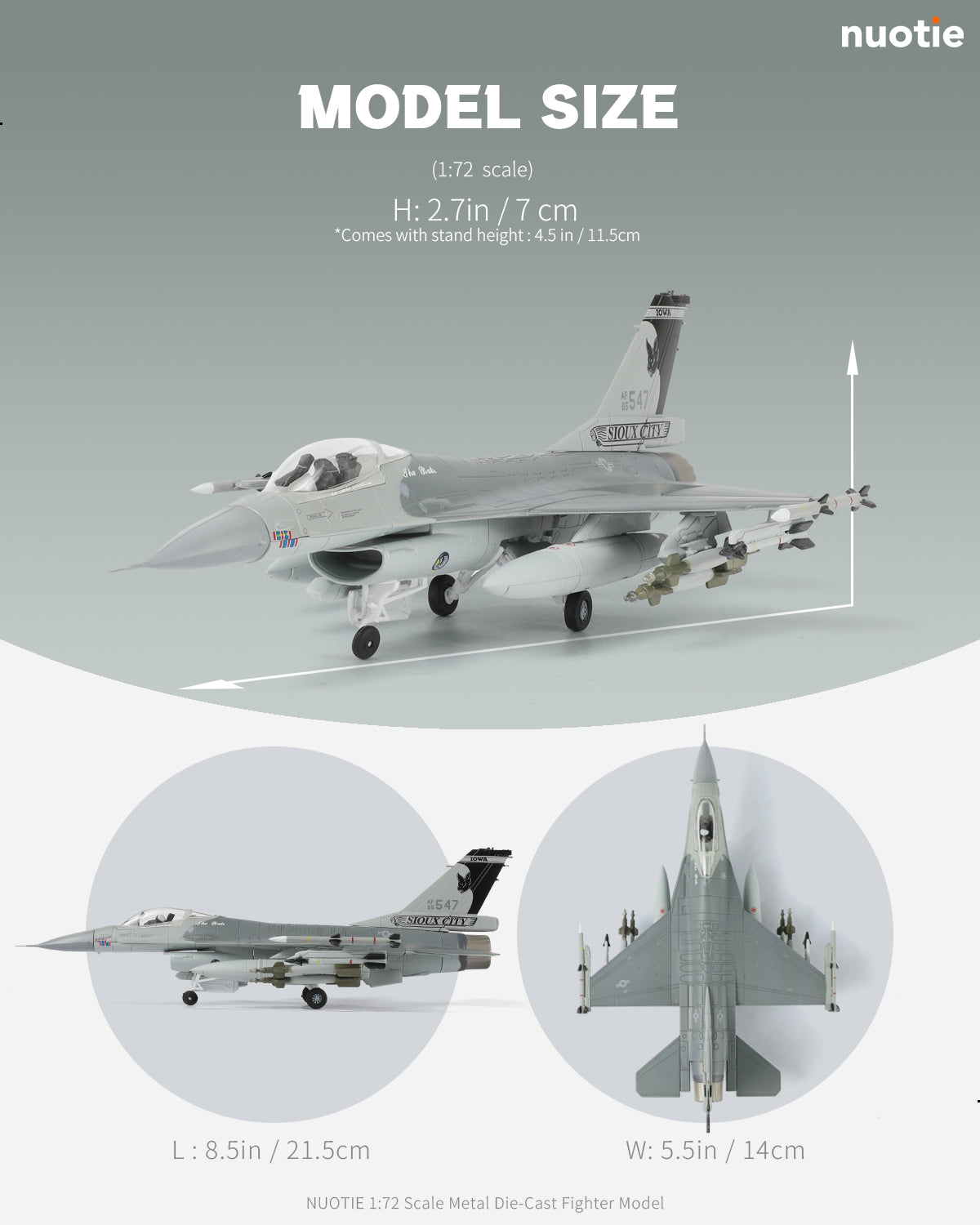 NUOTIE F-16 Fighting Falcon model with dimensions, top view and stand included