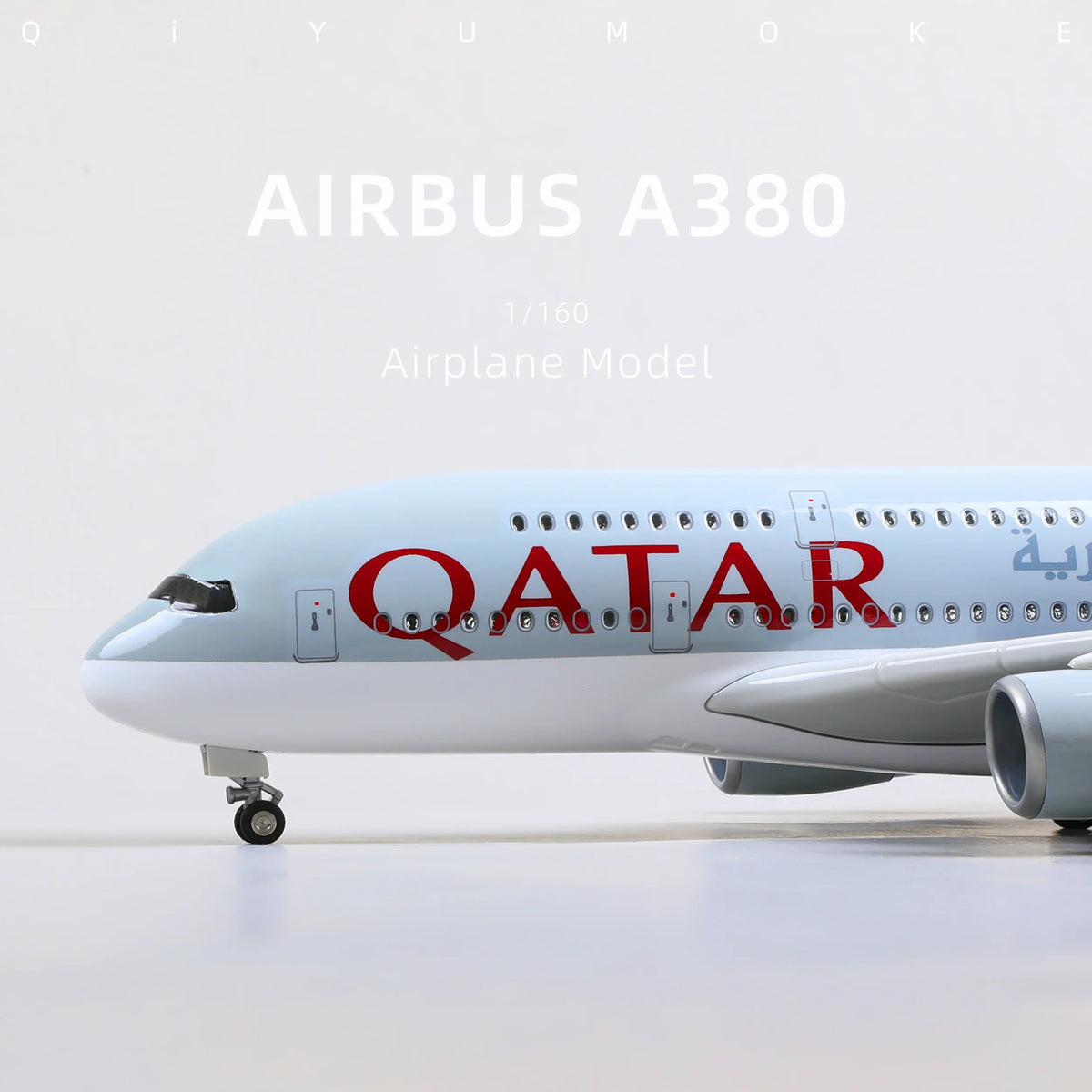 QIYUMOKE Airbus A380 model featuring Qatar Airways logo, front view