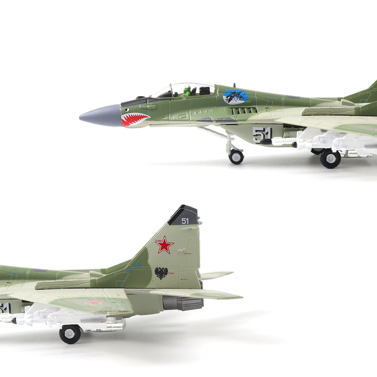 NUOTIE 1/100 Mikoyan MiG-29 Fulcrum model in green with missiles, side view