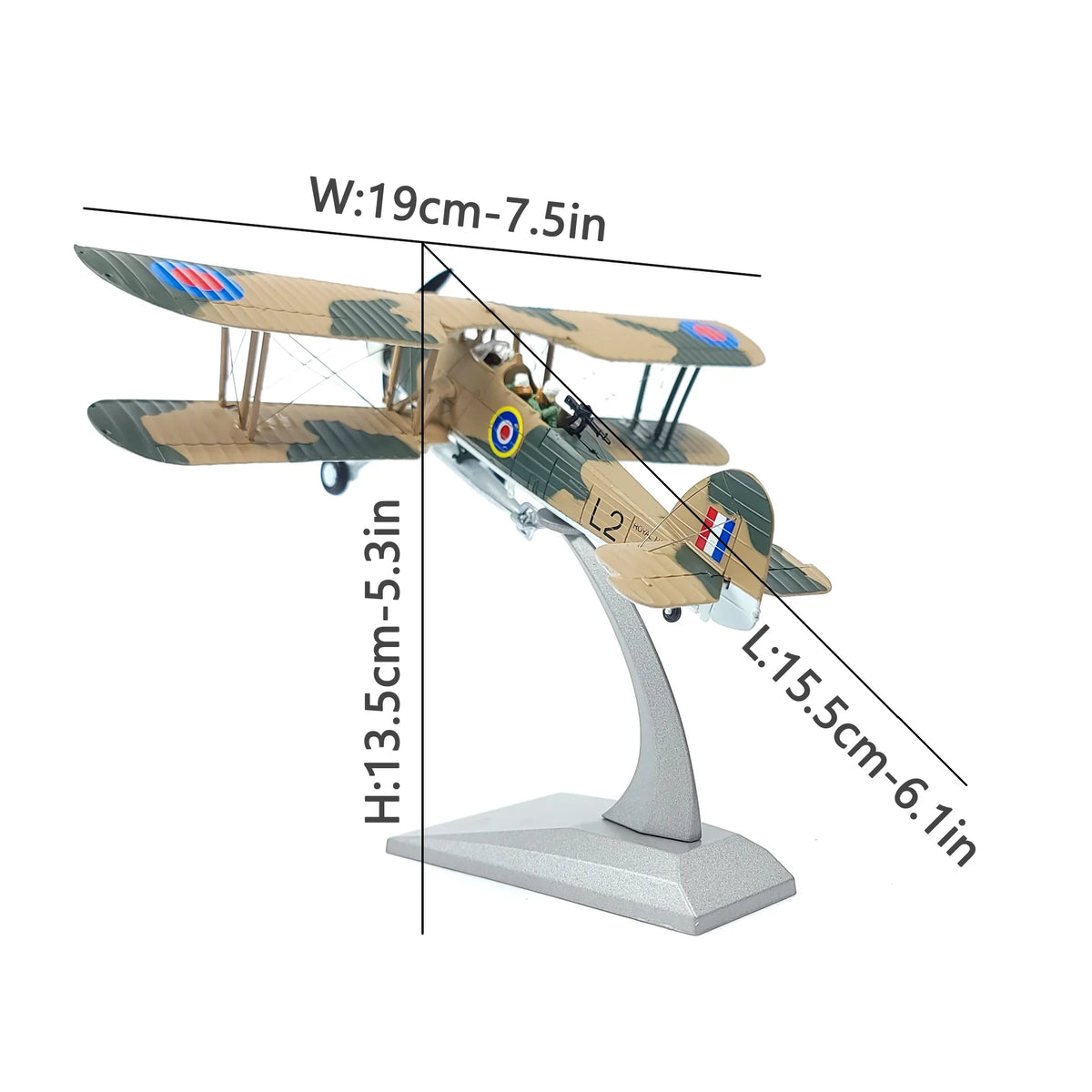 NUOTIE Model Fairey Swordfish navy aircraft with stand, top view with dimensions