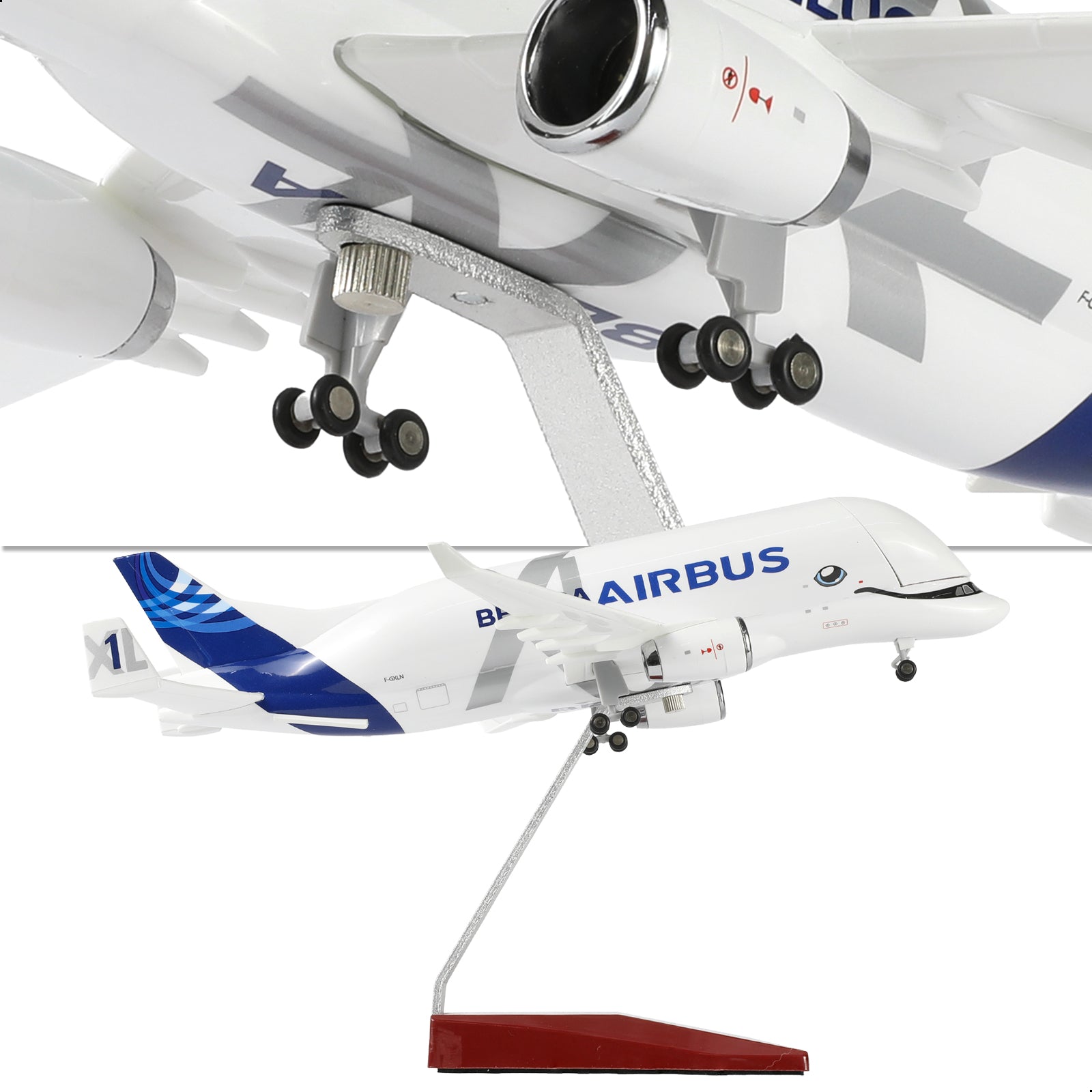 Underside view of QIYUMOKE A330 Beluga XL1 model with display stand and landing gear.