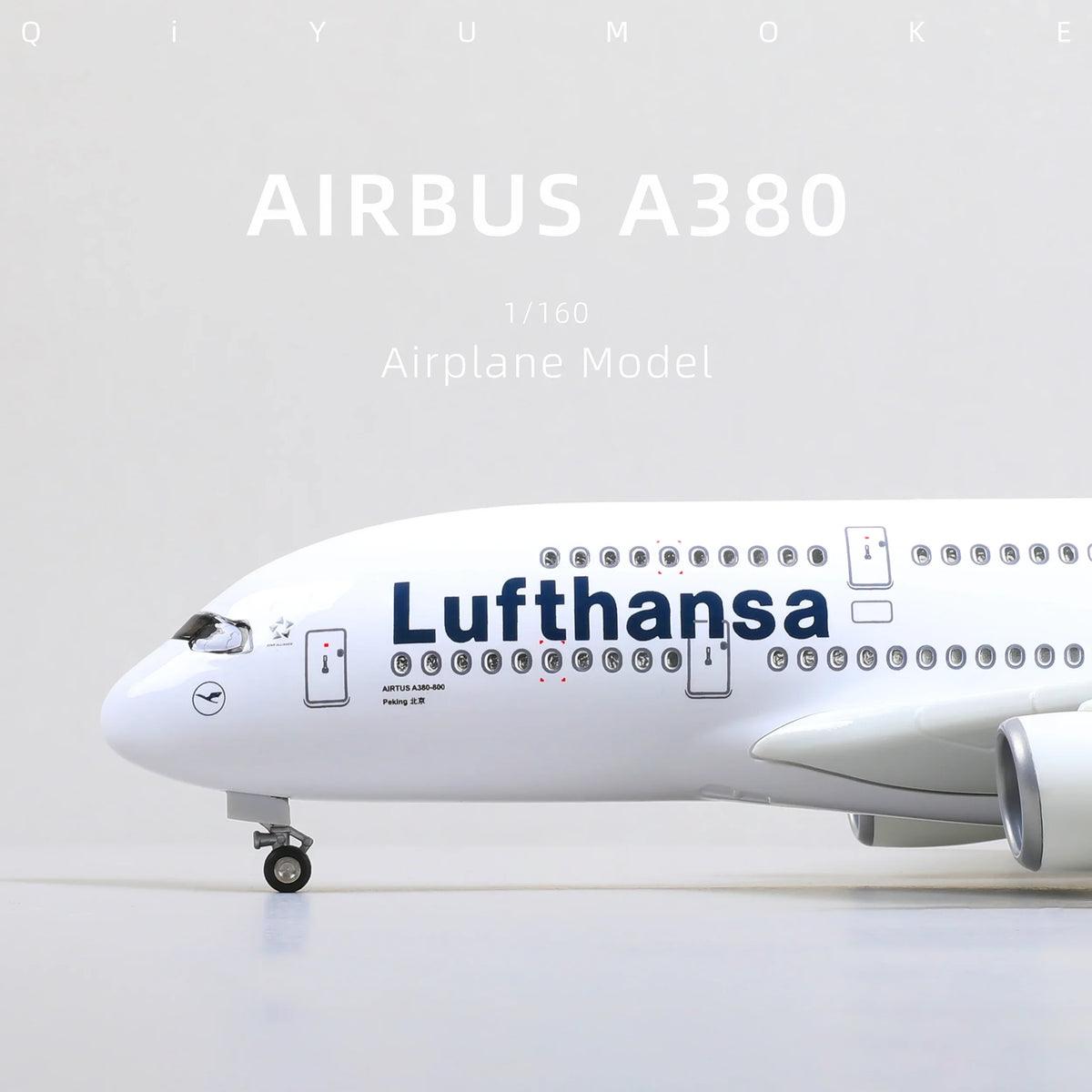 QIYUMOKE Airbus A380 airplane model in front view showcasing Lufthansa branding