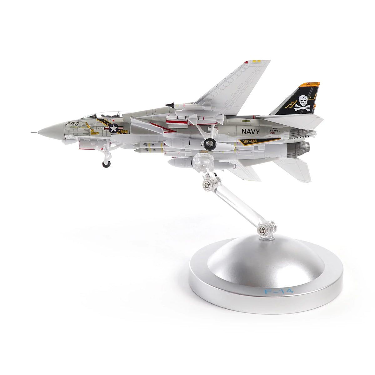 NUOTIE Model F-14A Jolly Rogers fighter model displayed on stand, aircraft front view
