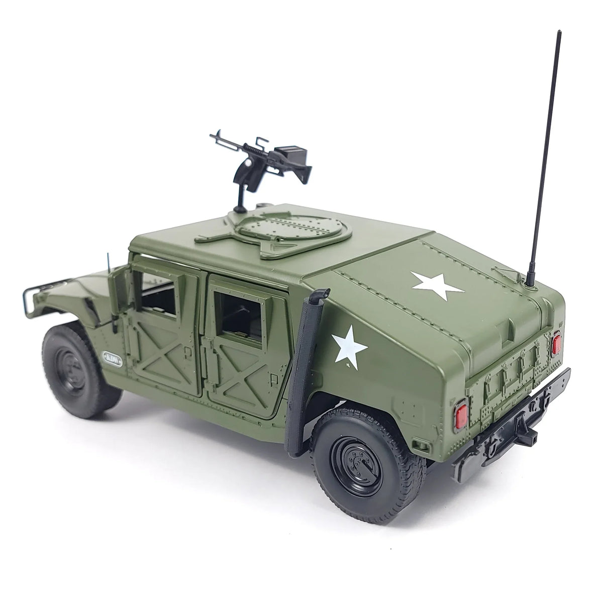 Side view of a green Hummer H1 military armored truck model featuring a mounted gun and antenna.