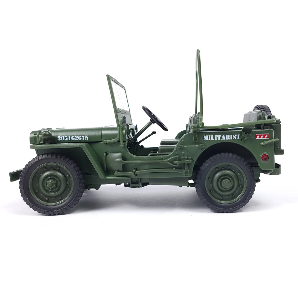 Another side view of the NUOTIE 1:18 die-cast Willys Military Jeep highlighting the military details and wheels.