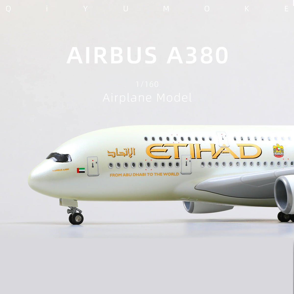 QIYUMOKE Airbus A380 model featuring Etihad branding, front view
