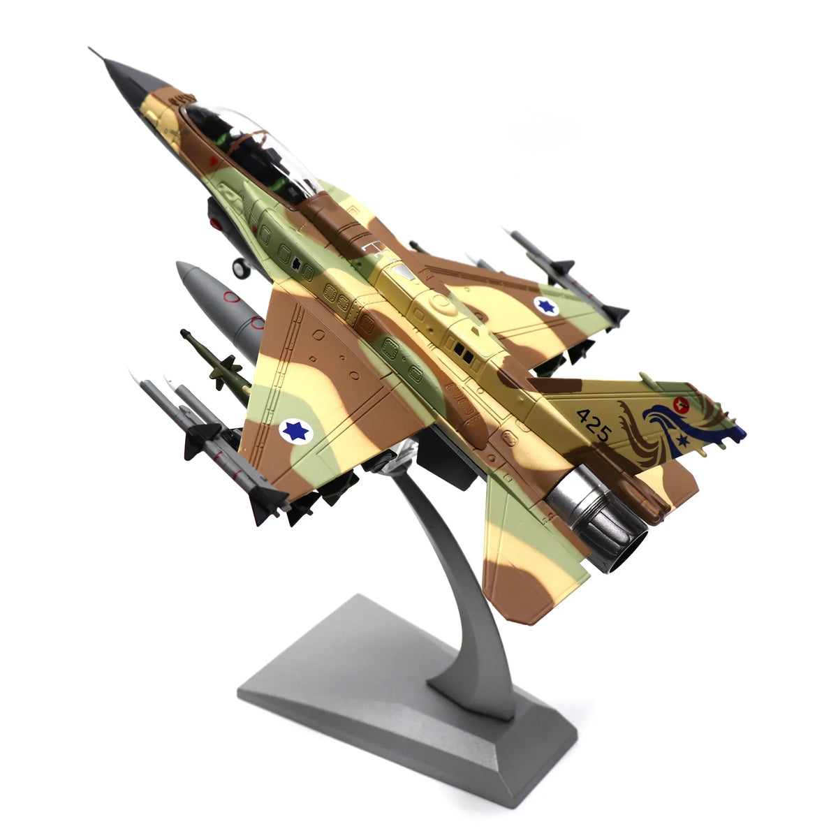 NUOTIE Diecast Metal F-16I Soufa model in camouflage, angled view on stand, aircraft
