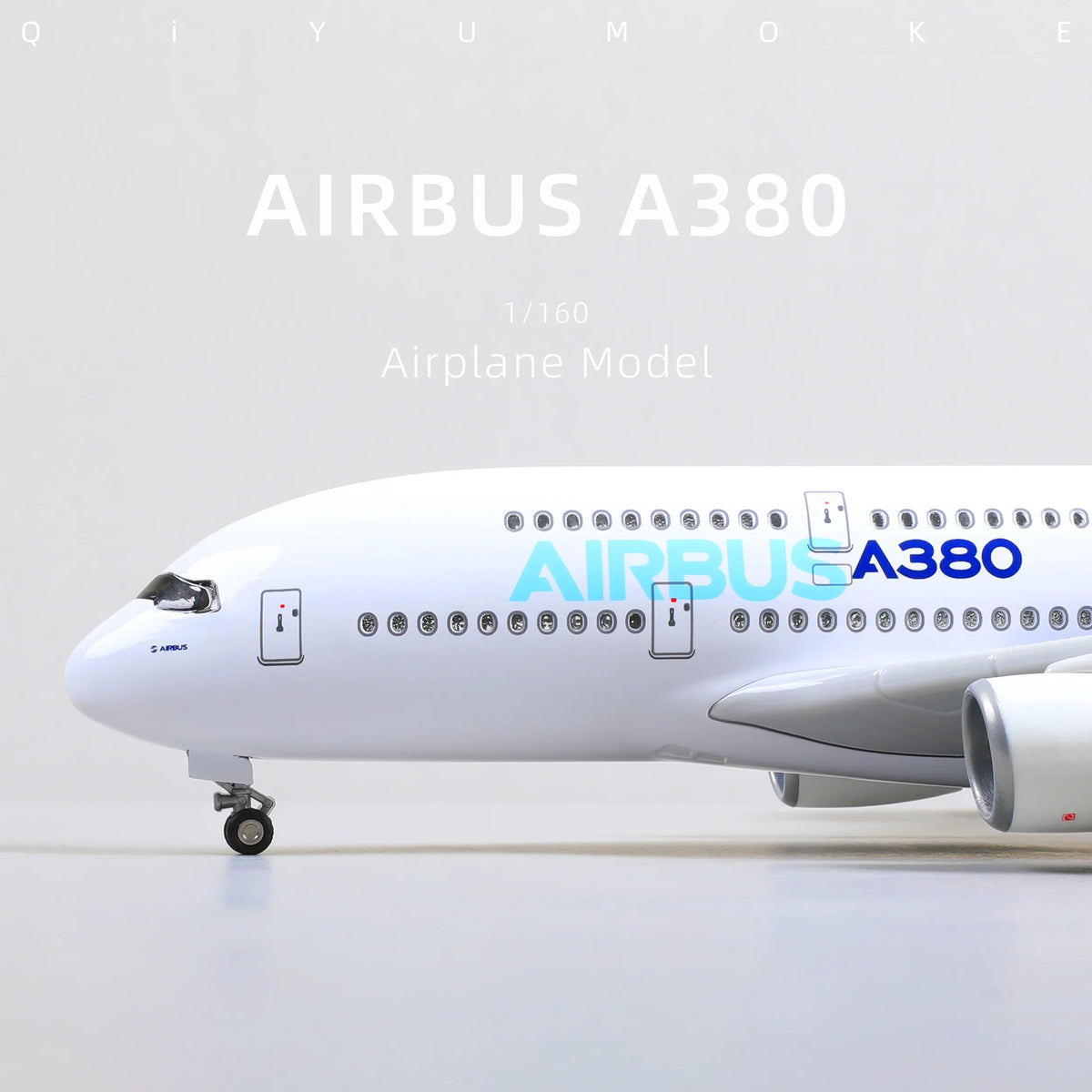 QIYUMOKE Airbus A380 diecast model with front view showcasing cockpit and landing gear