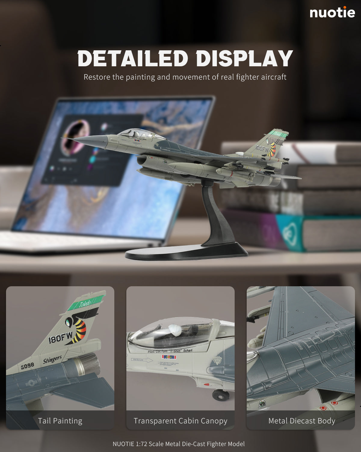 NUOTIE F-16 Fighting Falcon diecast model with detailed tail painting and transparent canopy on display