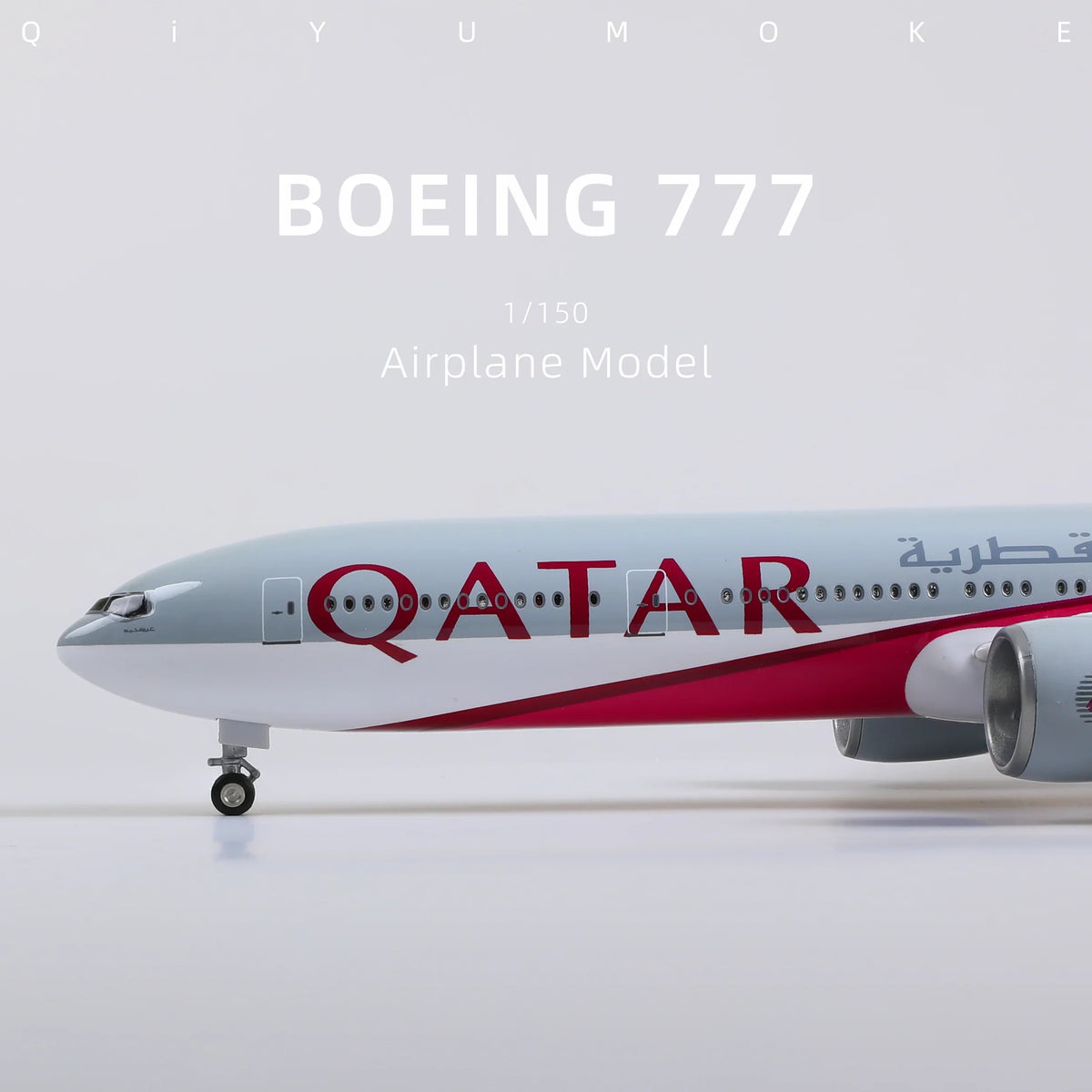 QIYUMOKE 1/150 Boeing 777-300ER Qatar Airways model, front view with Qatar branding
