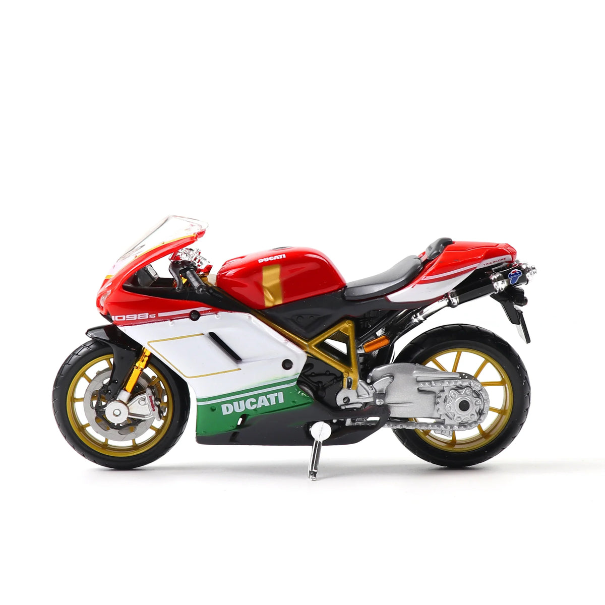 Maisto 1:18 die-cast Ducati 1098S motorcycle model, side profile showcasing red and gold accents