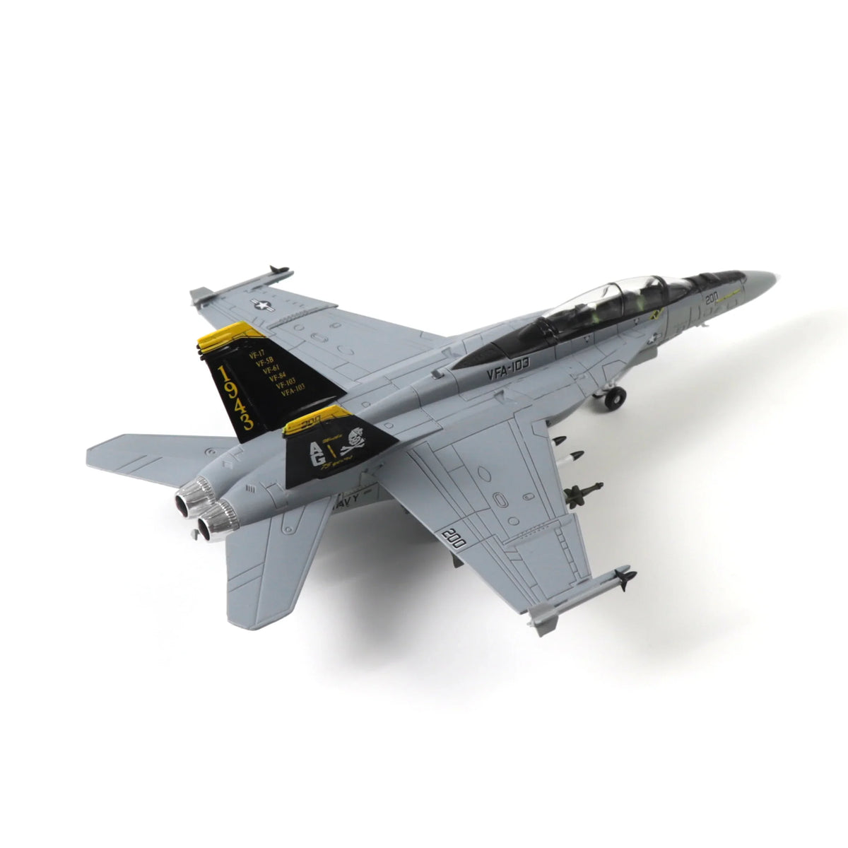 NUOTIE F/A-18 Super Hornet model in navy, black, and white, angled view showing details on display stand