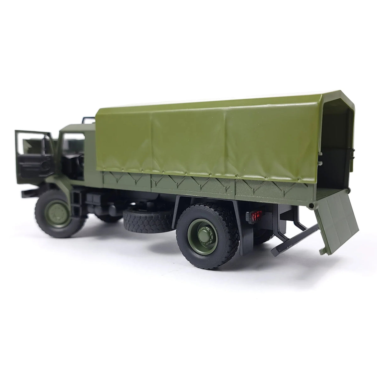 Die-cast armored military truck model in green with a covered cargo area and open door.