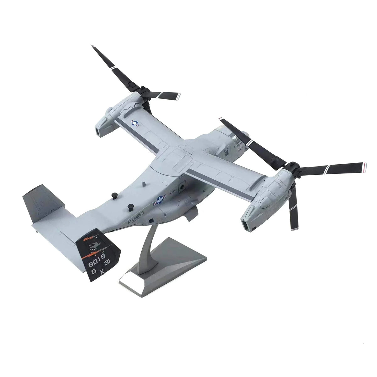 NUOTIE 1/72 MV-22 Osprey diecast metal model with stand, angled top view