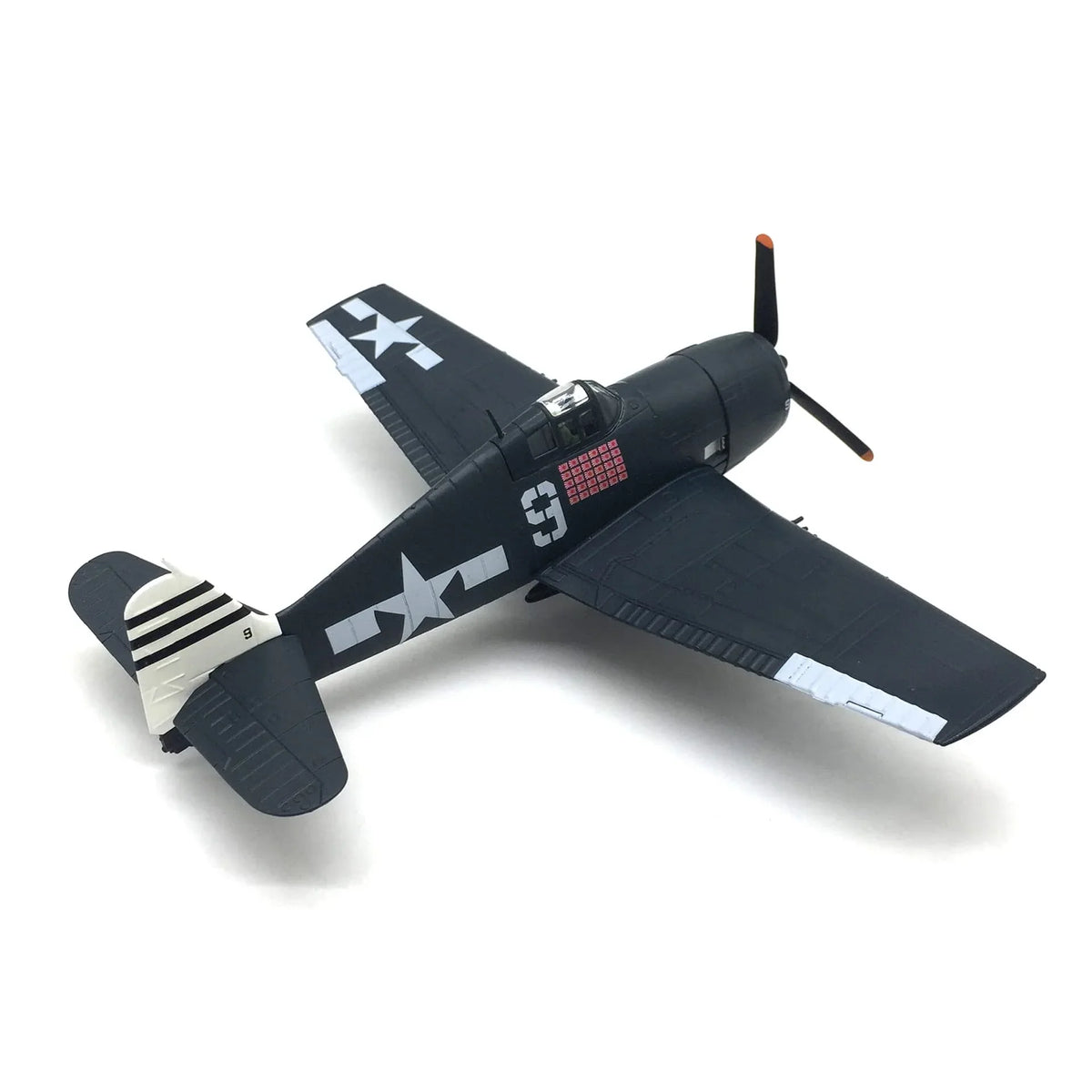 NUOTIE F6F Hellcat diecast model in navy color, top view, showcasing aircraft details.
