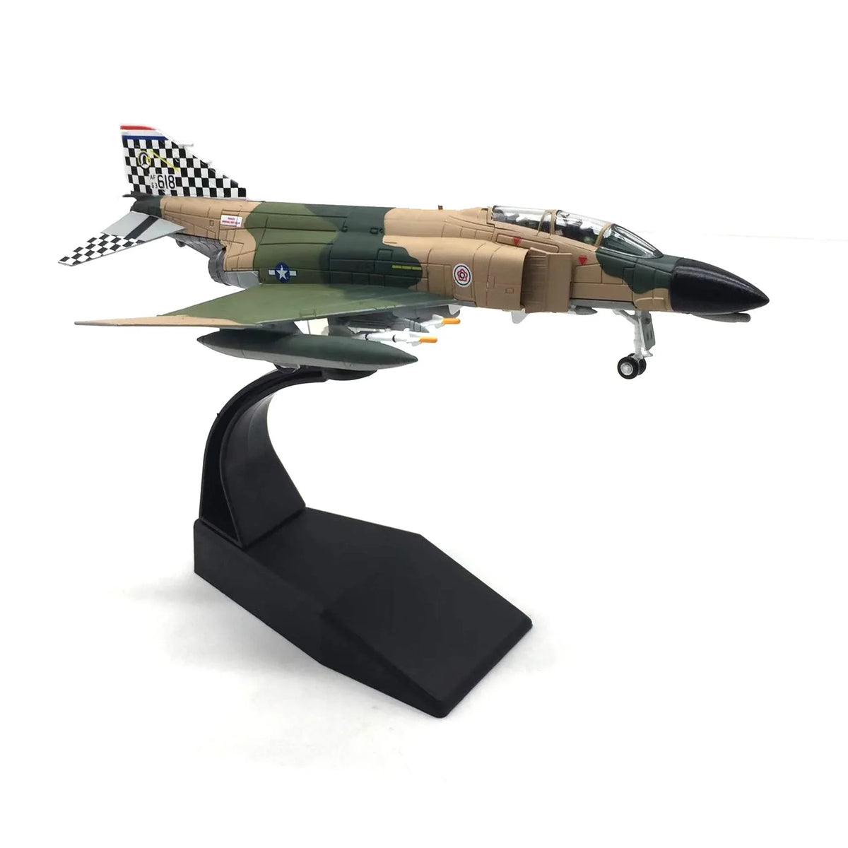 NUOTIE 1/100 scale F-4C Phantom II diecast metal model in navy and camouflage with stand, side view.