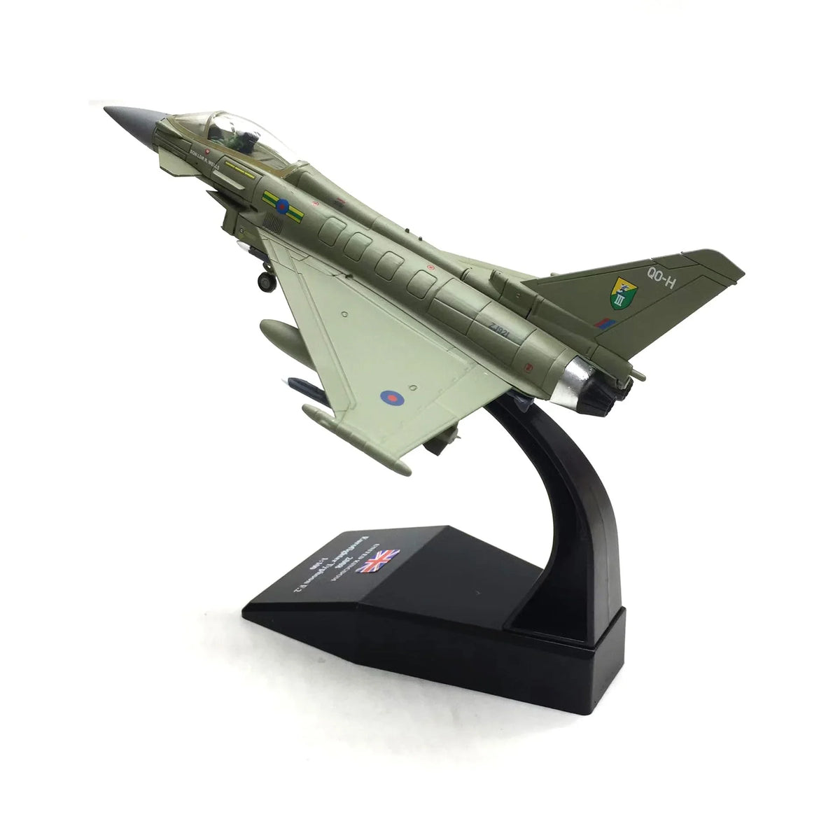 NUOTIE Eurofighter Typhoon EF-2000 diecast model in green, displayed on stand, angled view