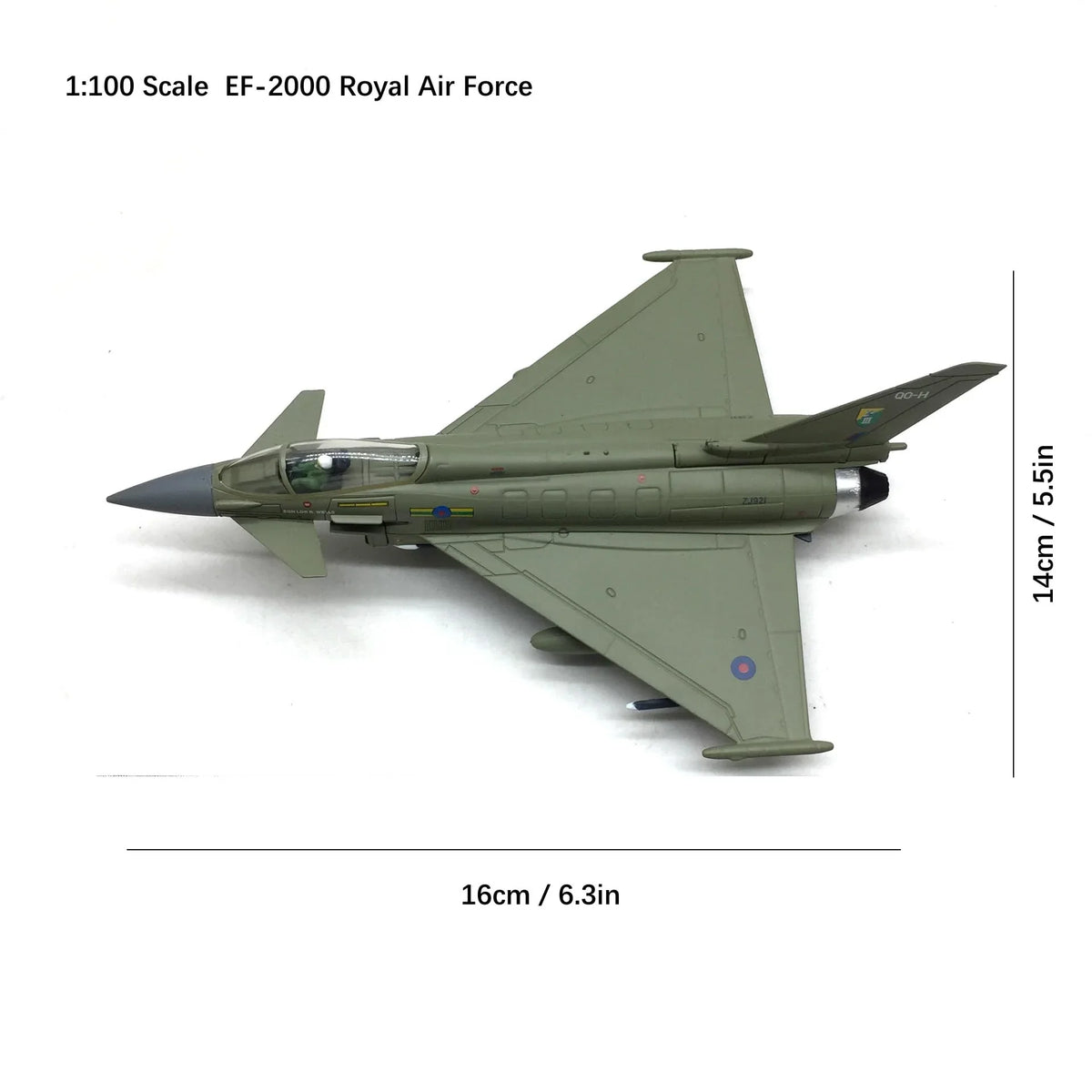 NUOTIE Eurofighter Typhoon EF-2000 green diecast model aircraft top view with measurements