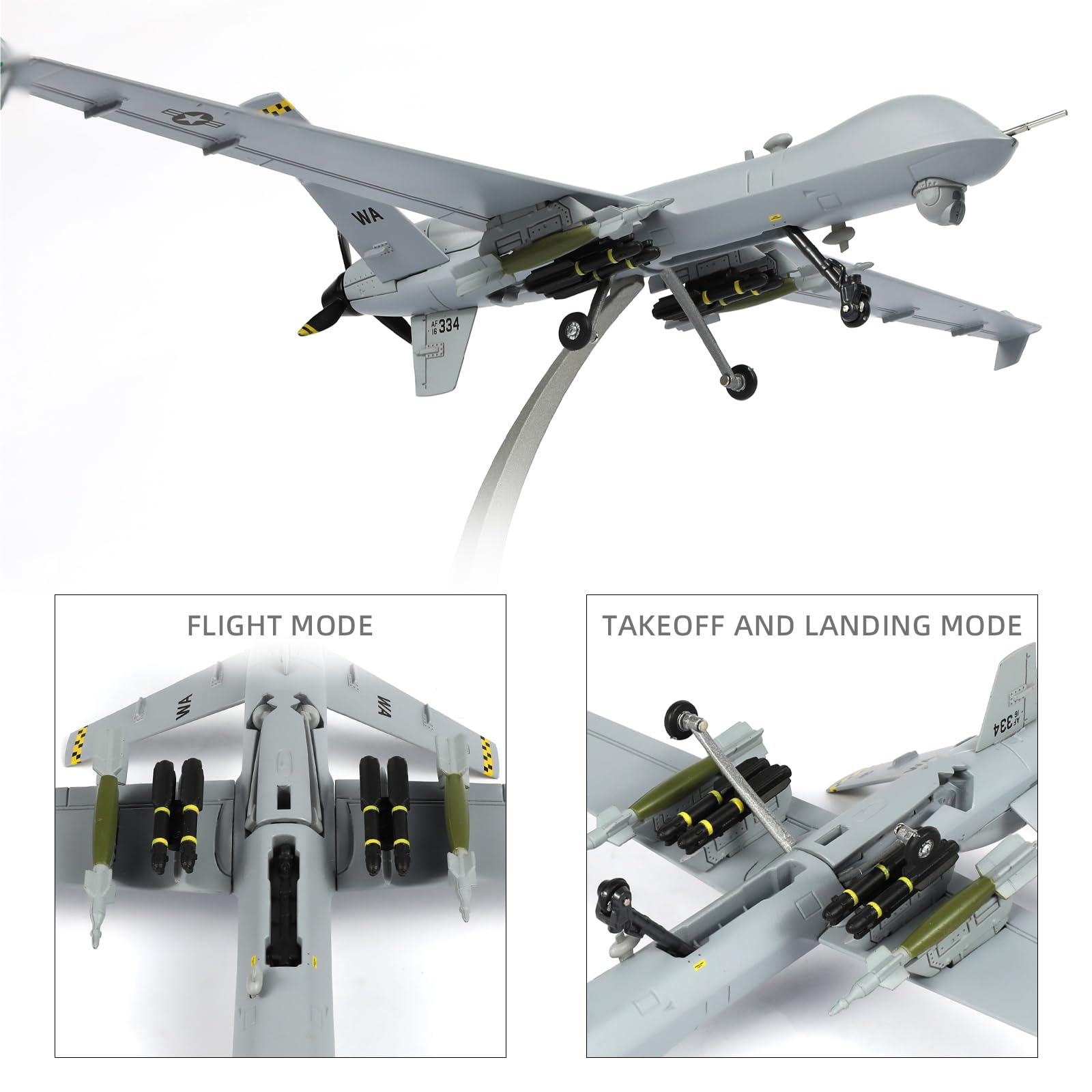 Air Force One MQ-9 Reaper drone model in takeoff and landing mode, detailed view of underside.