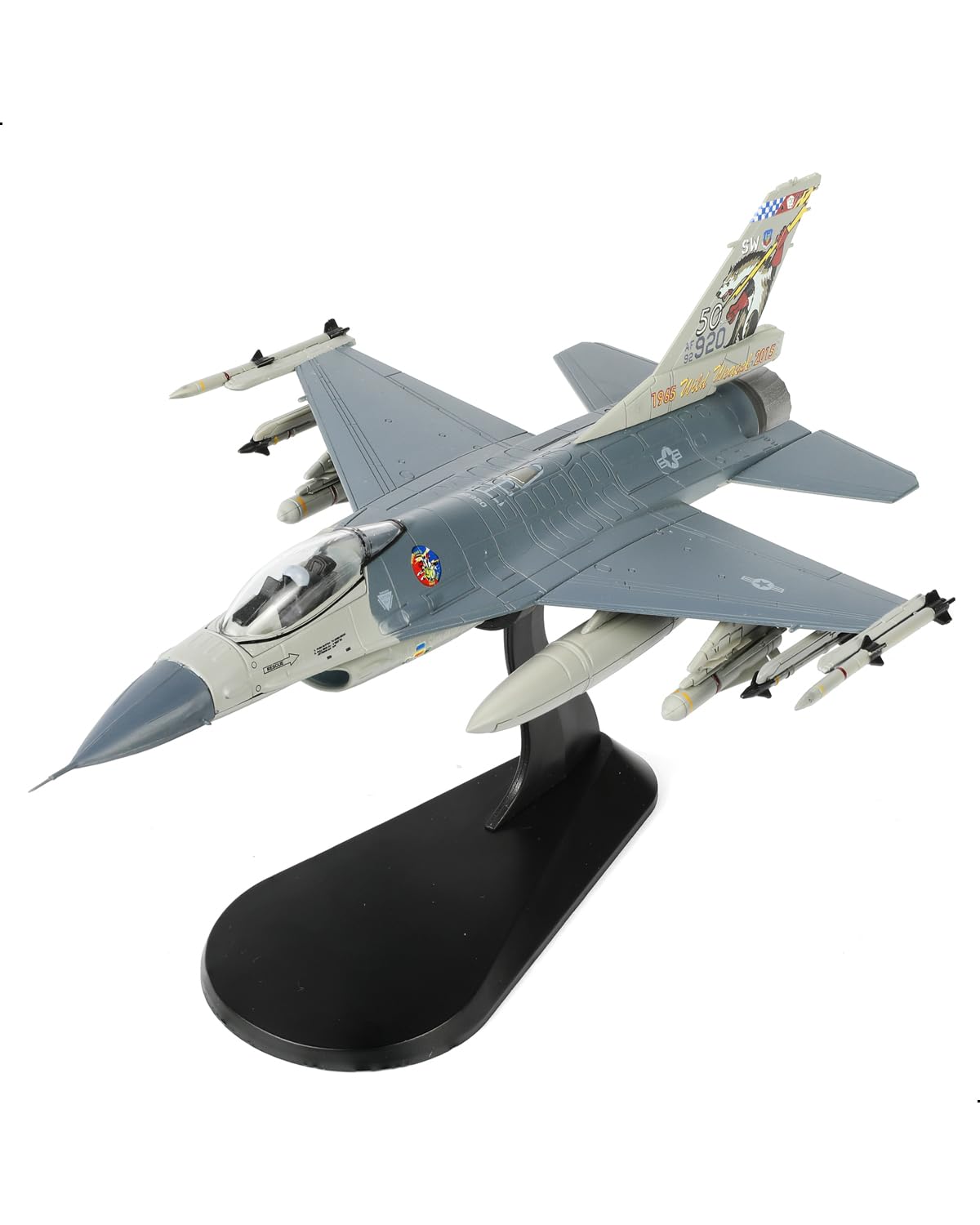 NUOTIE F-16 Fighting Falcon diecast model airplane top view with missiles and black stand