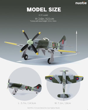 NUOTIE 1/72 Hawker Tempest aircraft, side and front view showcasing details and dimensions