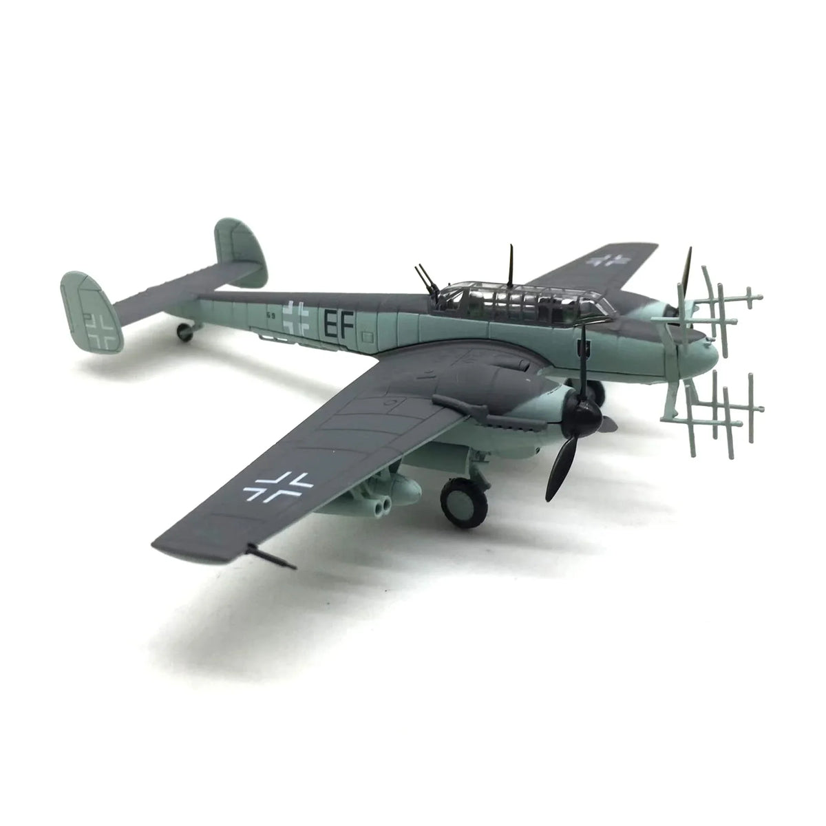 NUOTIE Bf-110 G4 model in gray with propeller detail, front view of aircraft