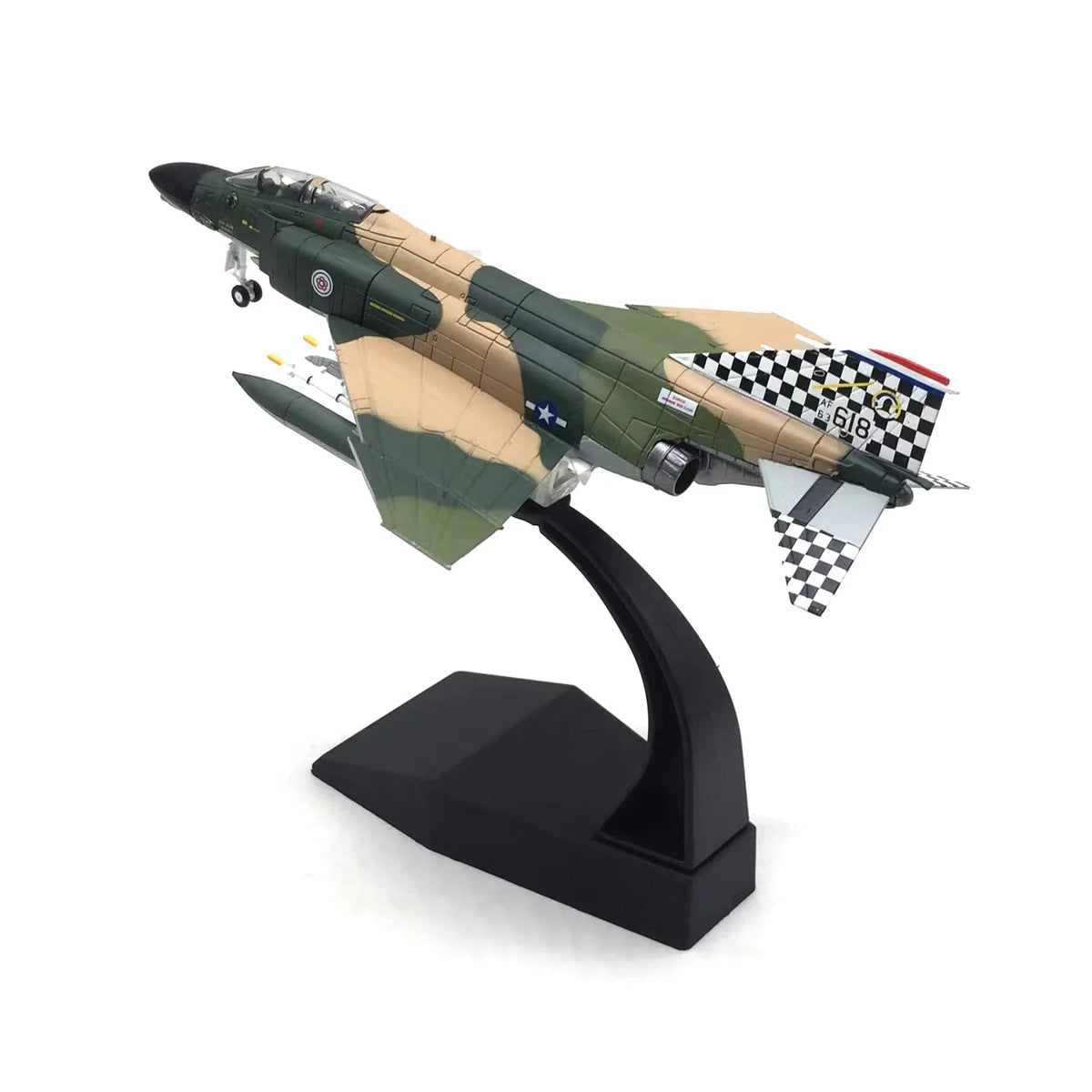 NUOTIE F-4C Phantom II diecast model in navy and green with stand, close-up side view