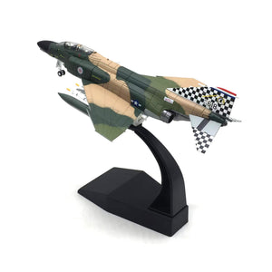 NUOTIE F-4C Phantom II diecast model in navy and green with stand, close-up side view