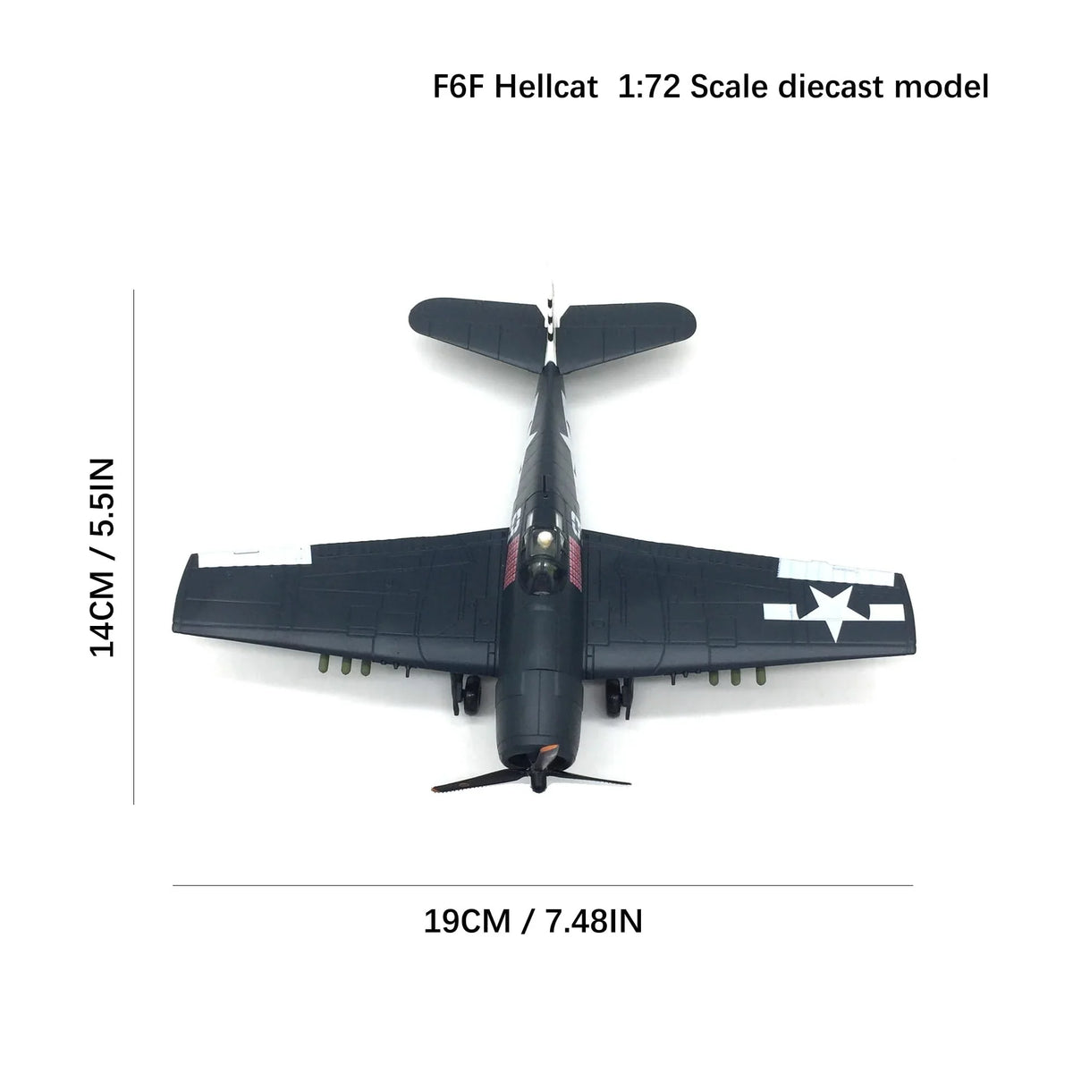 NUOTIE F6F Hellcat diecast model top view showing dimensions and details